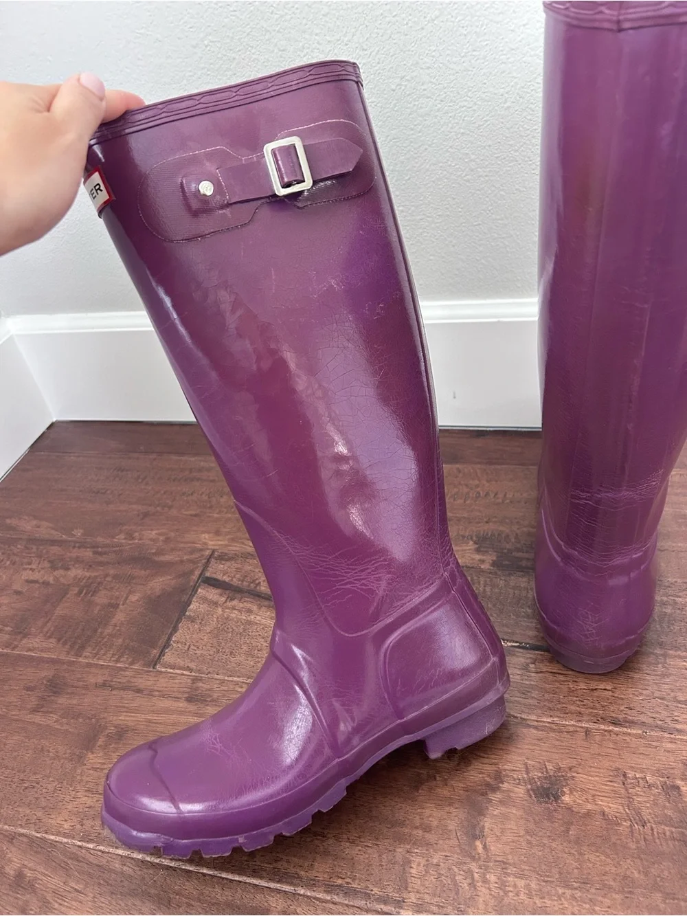 Hunter Purple Tall Gloss Rain Boots with Gray Knit Cuffs